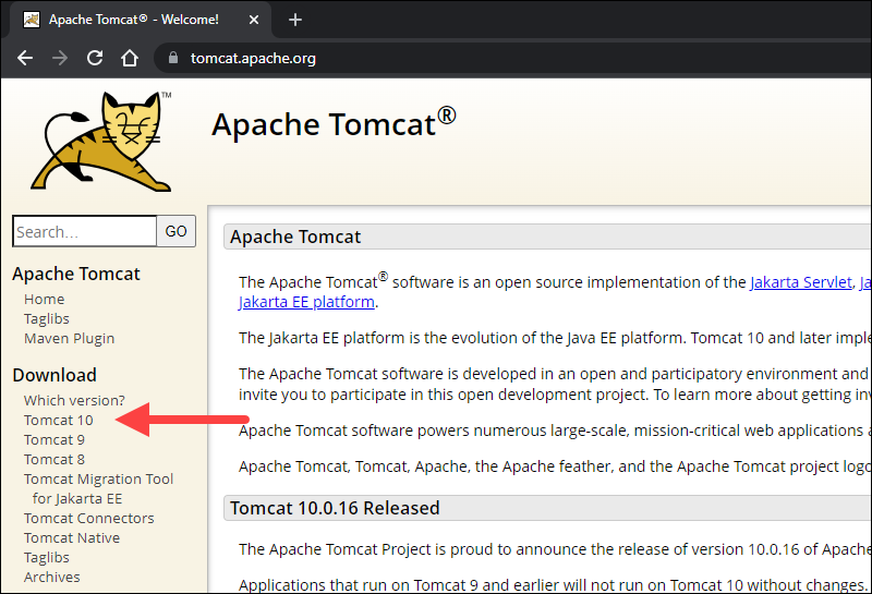 Download the Apache Tomcat server installation file.