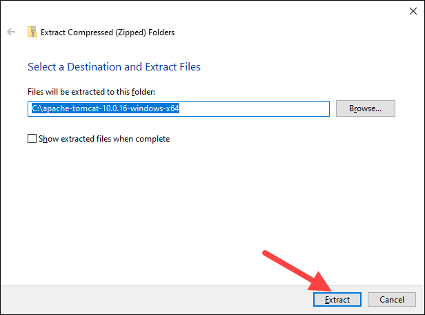 Extracting the Tomcat server zip file.