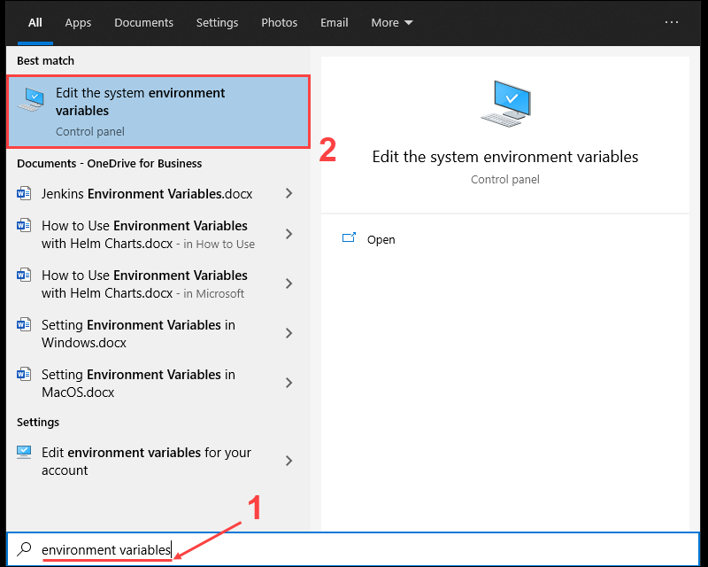 Search for environment variables in the Start menu and open the first result