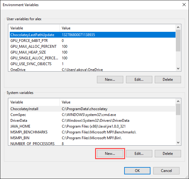 Click the New button under the System variables section