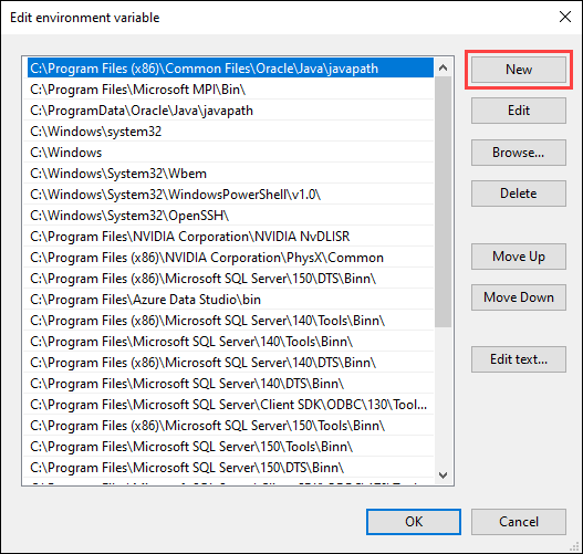 Click the New button in the Edit environment variable window