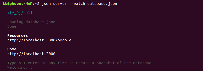 json-server --watch database.json terminal output