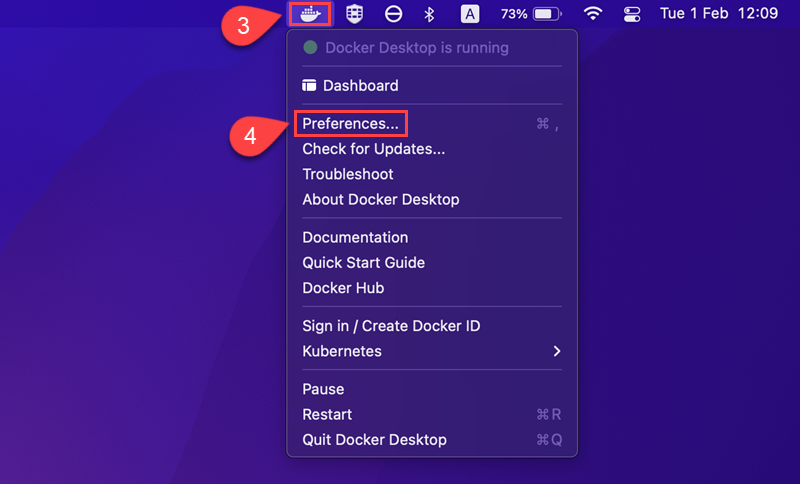 Go to Docker preferences by clicking the Docker icon in the menu bar.