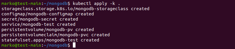 Applying the MongoDB configuration using Kustomize.