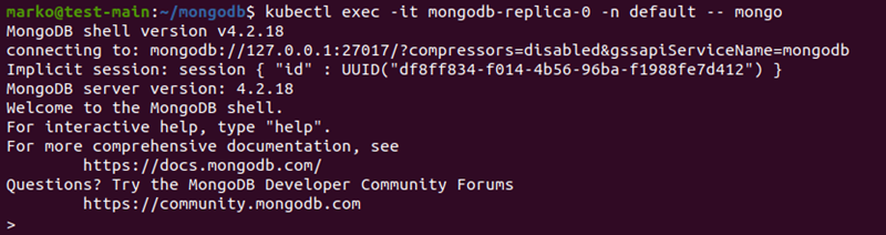 Starting the MongoDB shell from inside the pod.