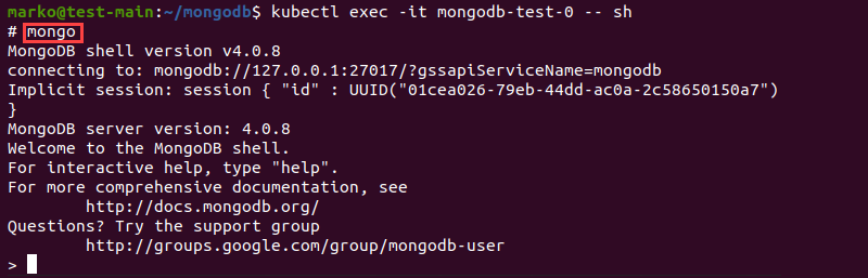 Starting the MongoDB database from inside the pod.