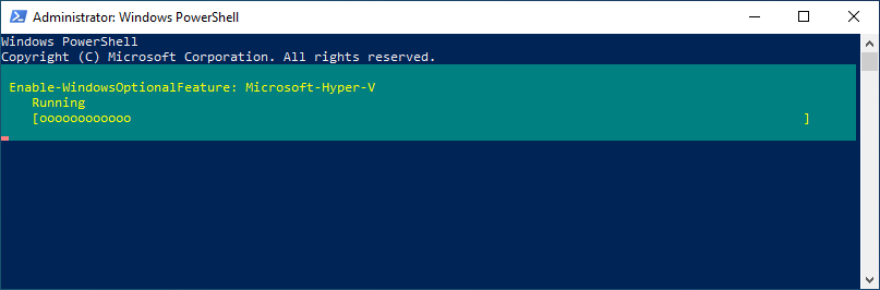 Enabling Microsoft Hyper-V in Windows PowerShell.
