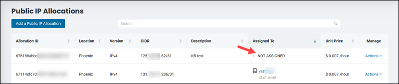 Public IP allocations table showing unassigned IP.