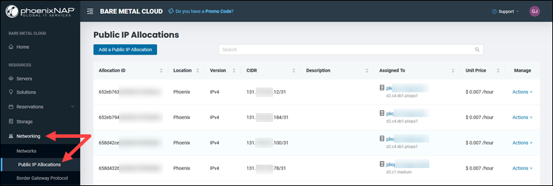 BMC portal Public IP Allocations page