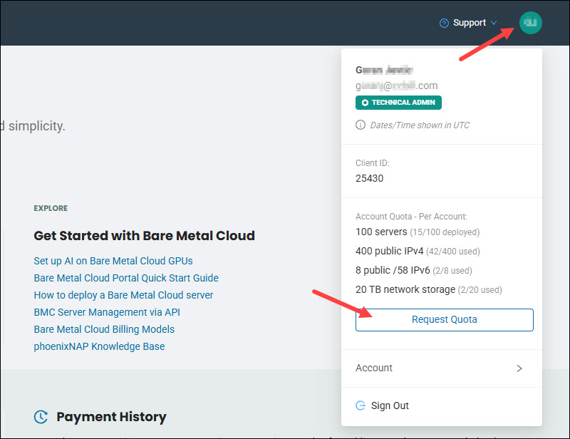 Request quota profile menu button.