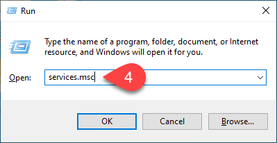 Opening the services window via the run dialog.