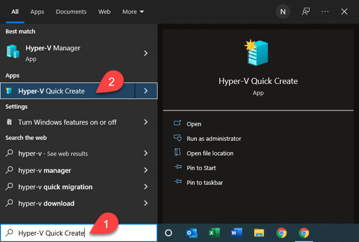 Finding Hyper-V Quick Create in Windows 10.