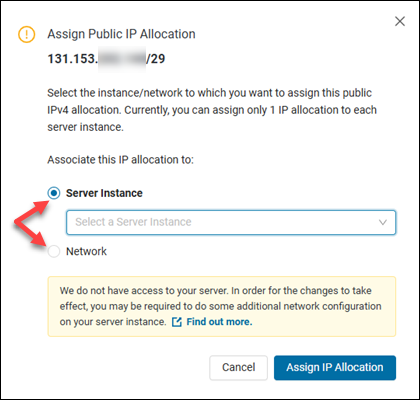 Select a server or network to assign public IP allocation action in the BMC portal