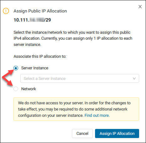 Select a server or network to assign public IP allocation action in the BMC portal