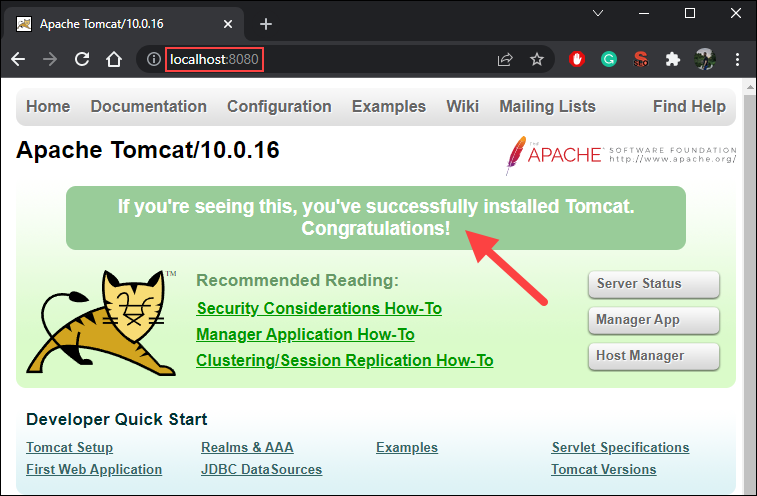 Apache Tomcat server welcome screen.