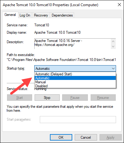 Configuring the Tomcat service startup in Windows.