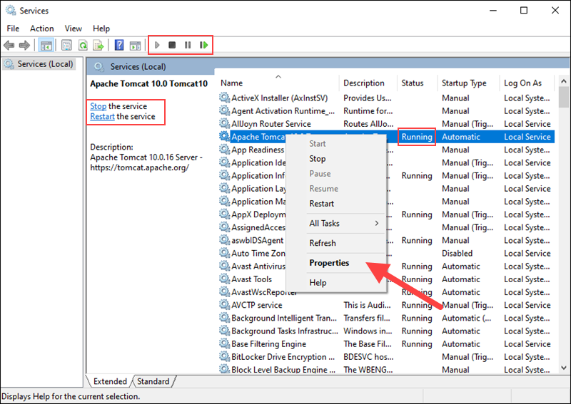 Starting or stopping the Tomcat service in Windows.