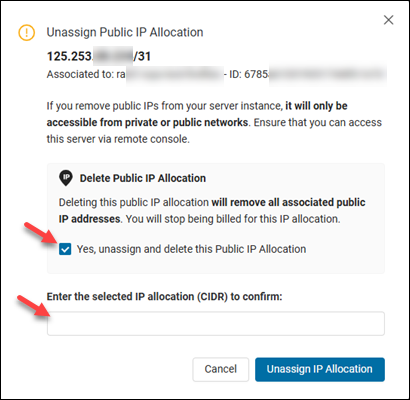 Unassign public IP allocation confirmation box.