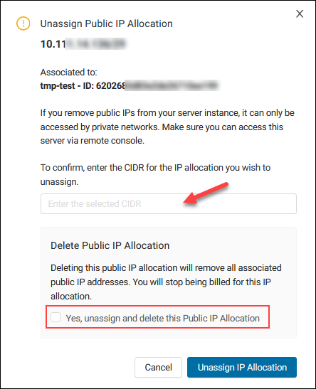 Unassign public IP allocation confirmation box.