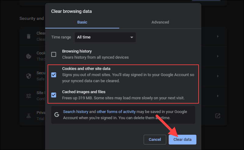 Clearing the browsing data in Chrome.