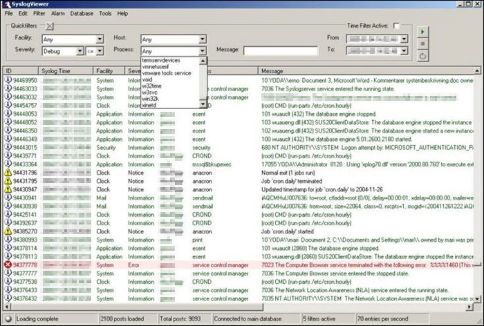 Datagram syslog utility showing incoming log messages.