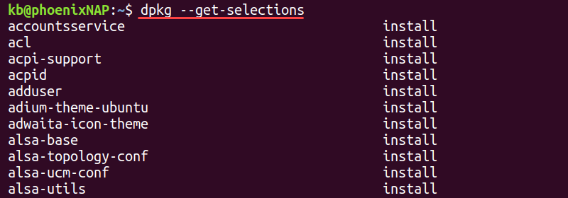 dpkg --get-selections terminal output