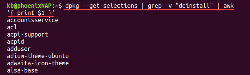 dpkg get selectionsinstalled packages terminal output