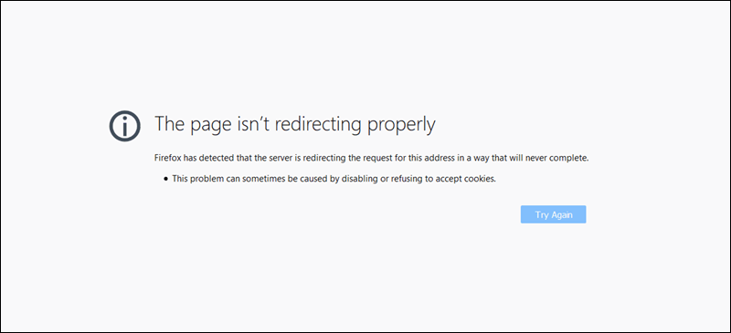 The ERR_TOO_MANY_REDIRECTS error in Firefox.