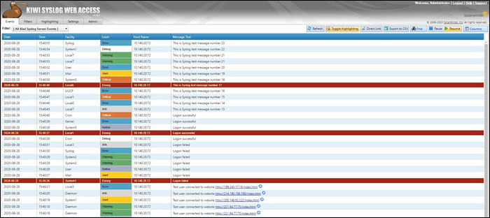 The Kiwi syslog web interface showing incoming log messages.