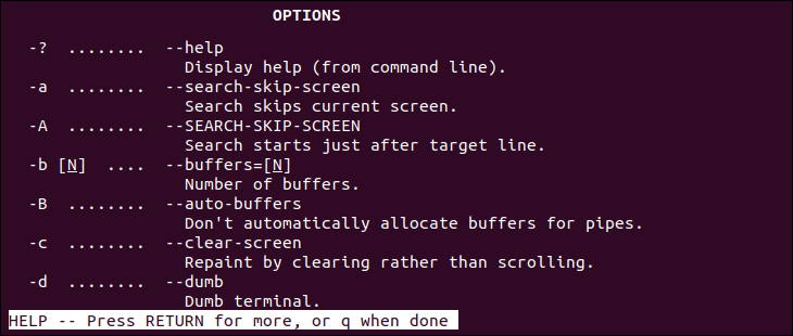 Less command options in the help file.