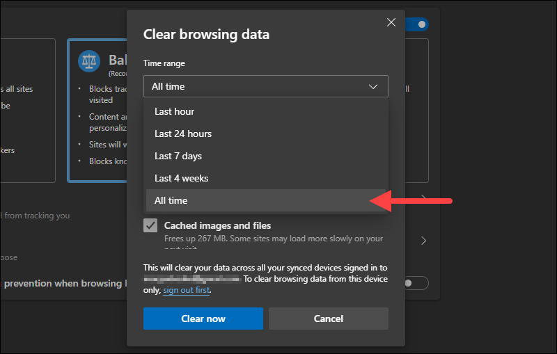 Selecting the time range for clearing browsing data in Edge.