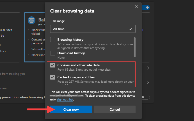 Clearing the browsing data in Edge.