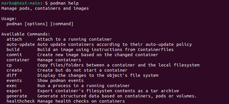 Output of the podman help command.