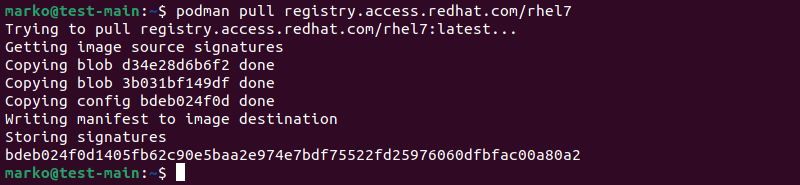 An example of the output of the podman pull command.