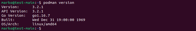 The podman version command lists only one version number.