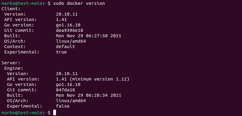 Separate client and server sections in the output of the docker version command.