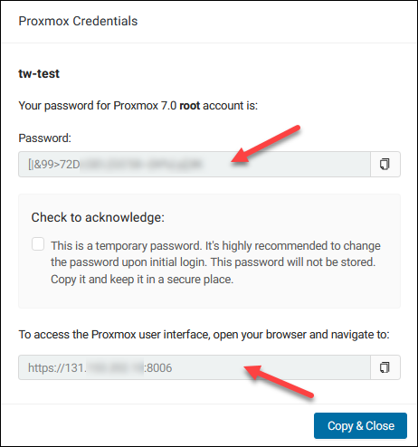 The password and URL for connecting to a Proxmox server