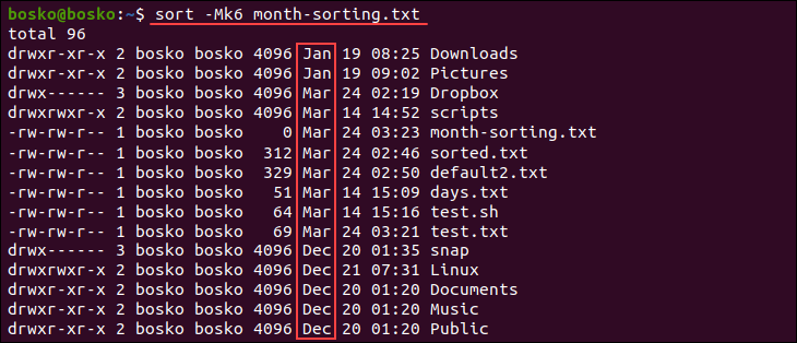 Sorting a file's contents based on the months specified in the file.
