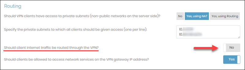 Setting for Should client Internet traffic be routed through the VPN in OpenVPN Access Server admin