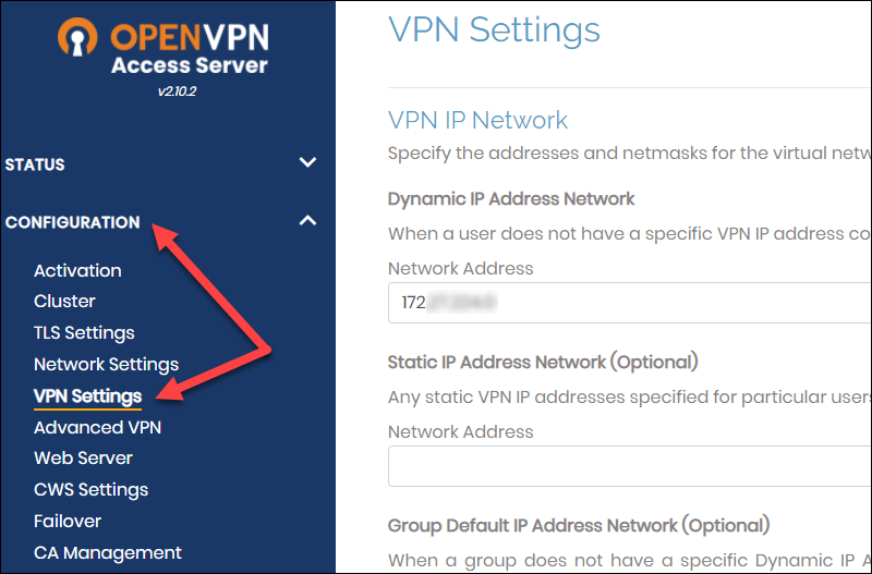 VPN Settings in the OpenVPN Access Server Admin