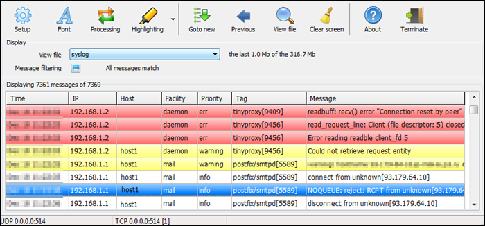 The Visual Syslog Server showing different severity messages in the log.