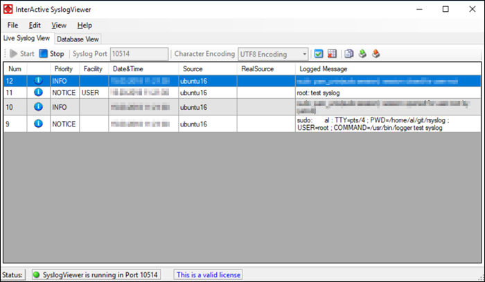 WinSyslog syslog server showing log messages.