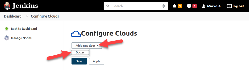 Choosing Docker from the new cloud list.