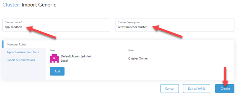 Naming and configuring the cluster in Rancher.