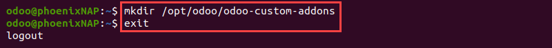 custom odoo addons directory terminal output