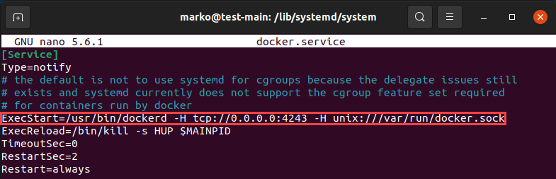 Editing the docker service file to enable REST API communication.