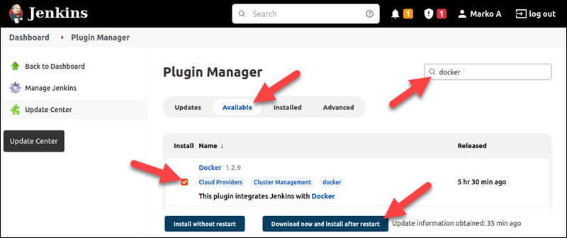 Selecting the Docker plugin in the Plugin Manager in Jenkins.
