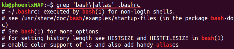 grep bash or alias terminal output