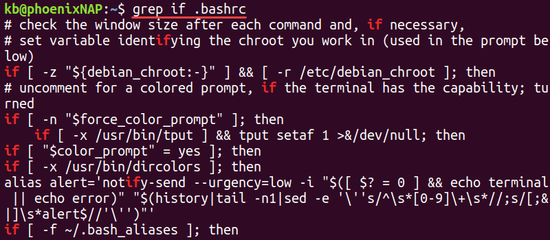 grep if .bashrc regex example terminal