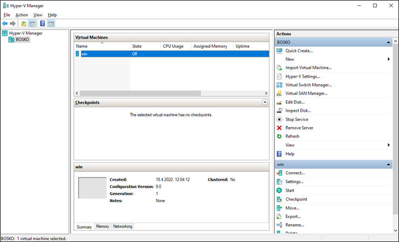 An example of the Hyper-V Manager for managing VMs.